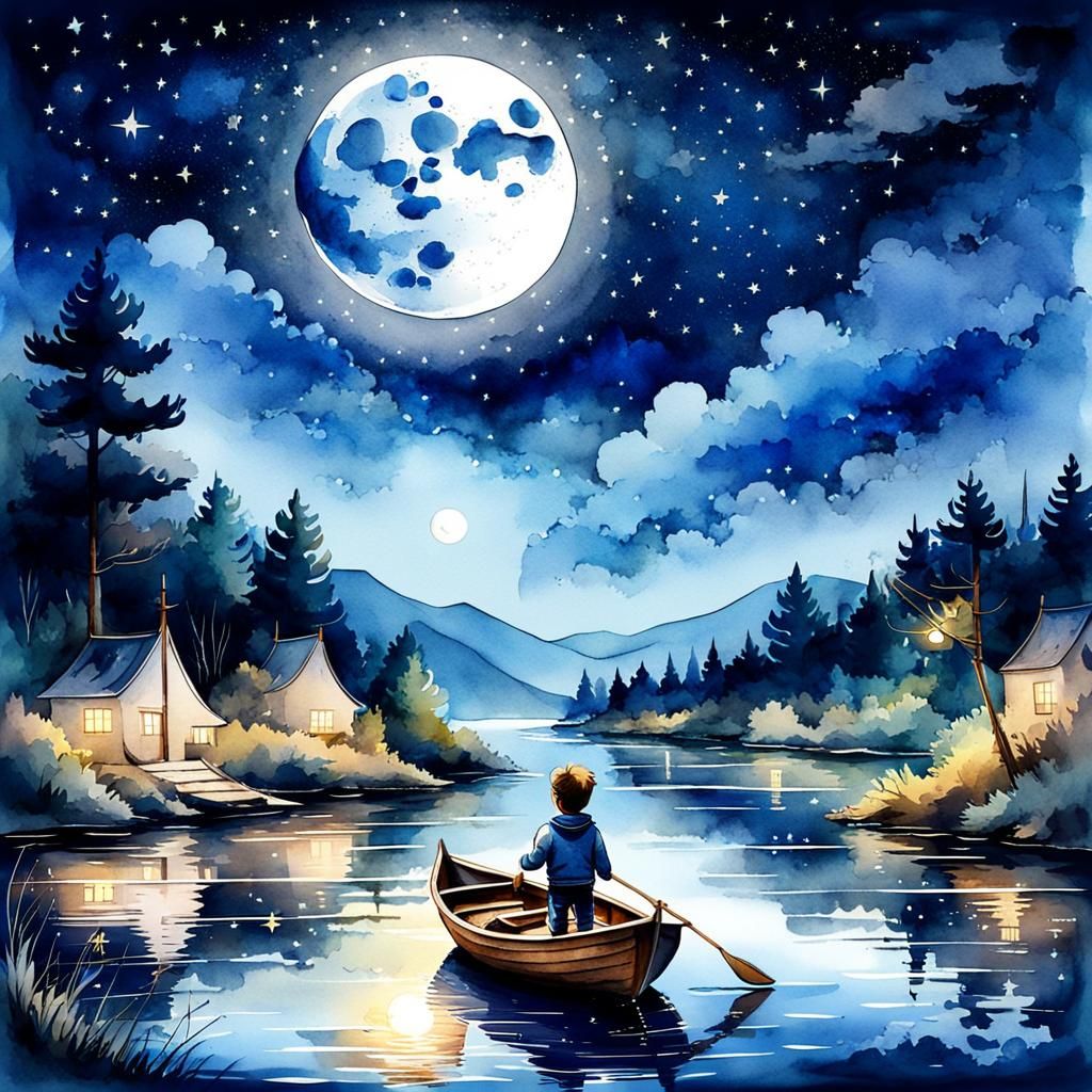 Boy Sailing on River at Night: Watercolor Illustration