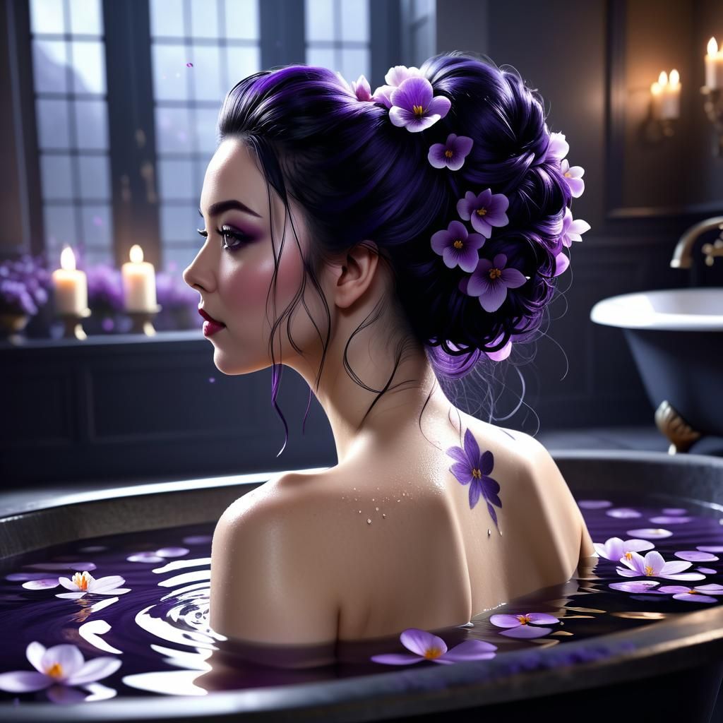 Young Woman Bathing with Violet Petals: Digital Art