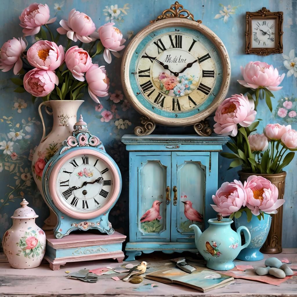 Cozy Corner with Antique Clock in Shabby Chic Style
