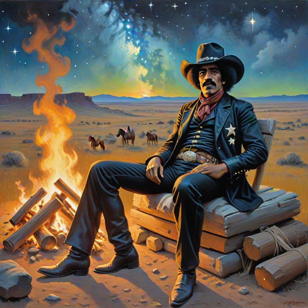 Cowboy Phil Lynott by Campfire Under Starry Prairie Sky