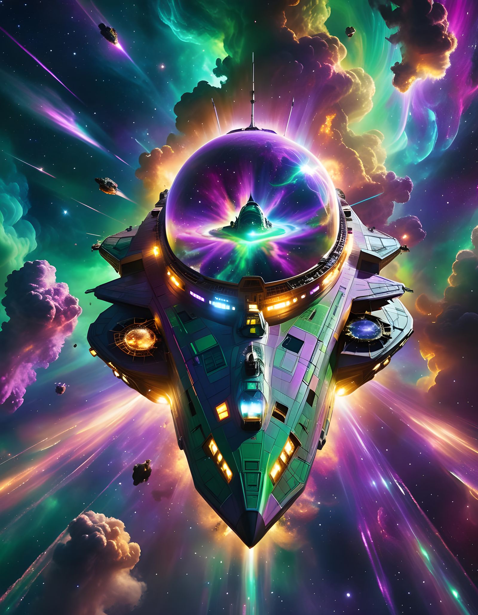 Iridescent Spaceship Through Cosmic Dreamscape Nebula