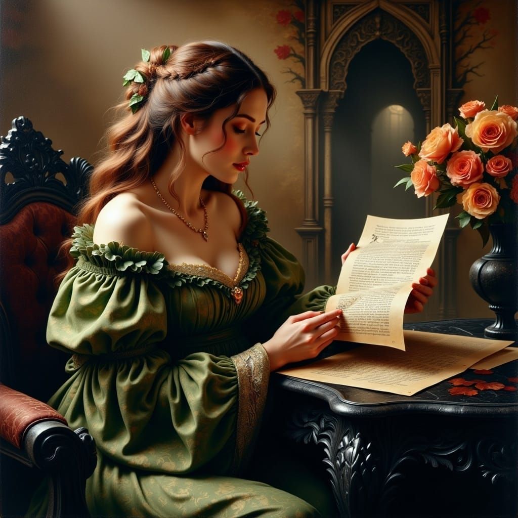 Elegant Woman Reads Reports of Chaos in Mysterious Chamber