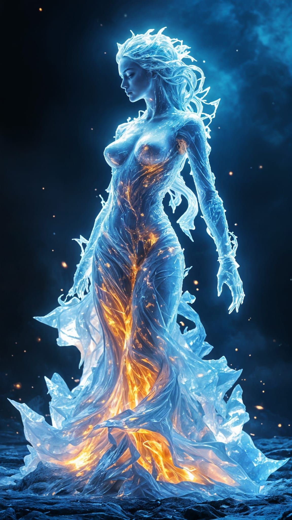 Crystallized Ice Woman in Gown of Fire