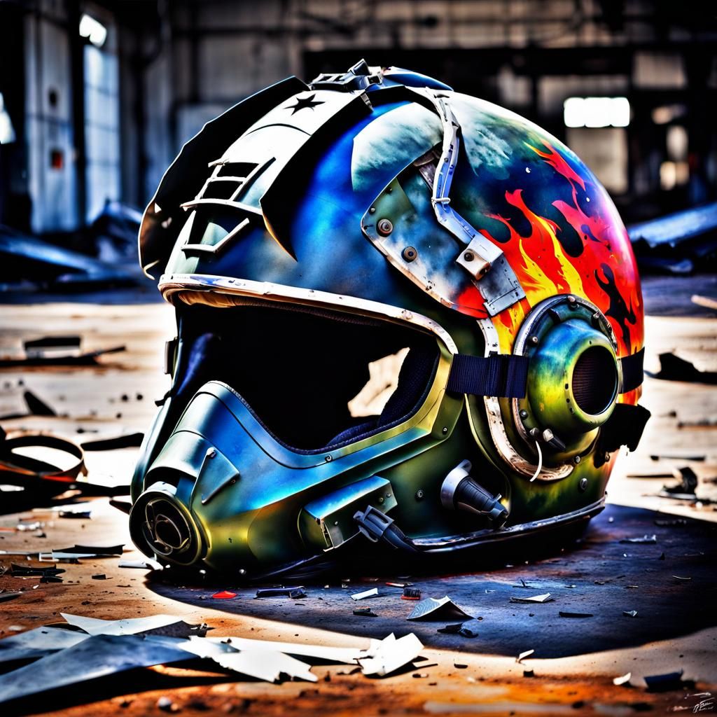 Abandoned Fighter Jet Helmet After Crash in Watercolor