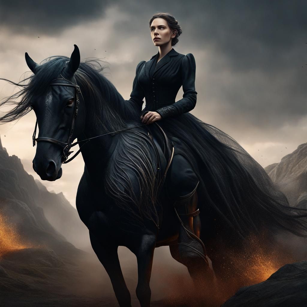 Woman on Black Horse: Detailed Fantasy Art