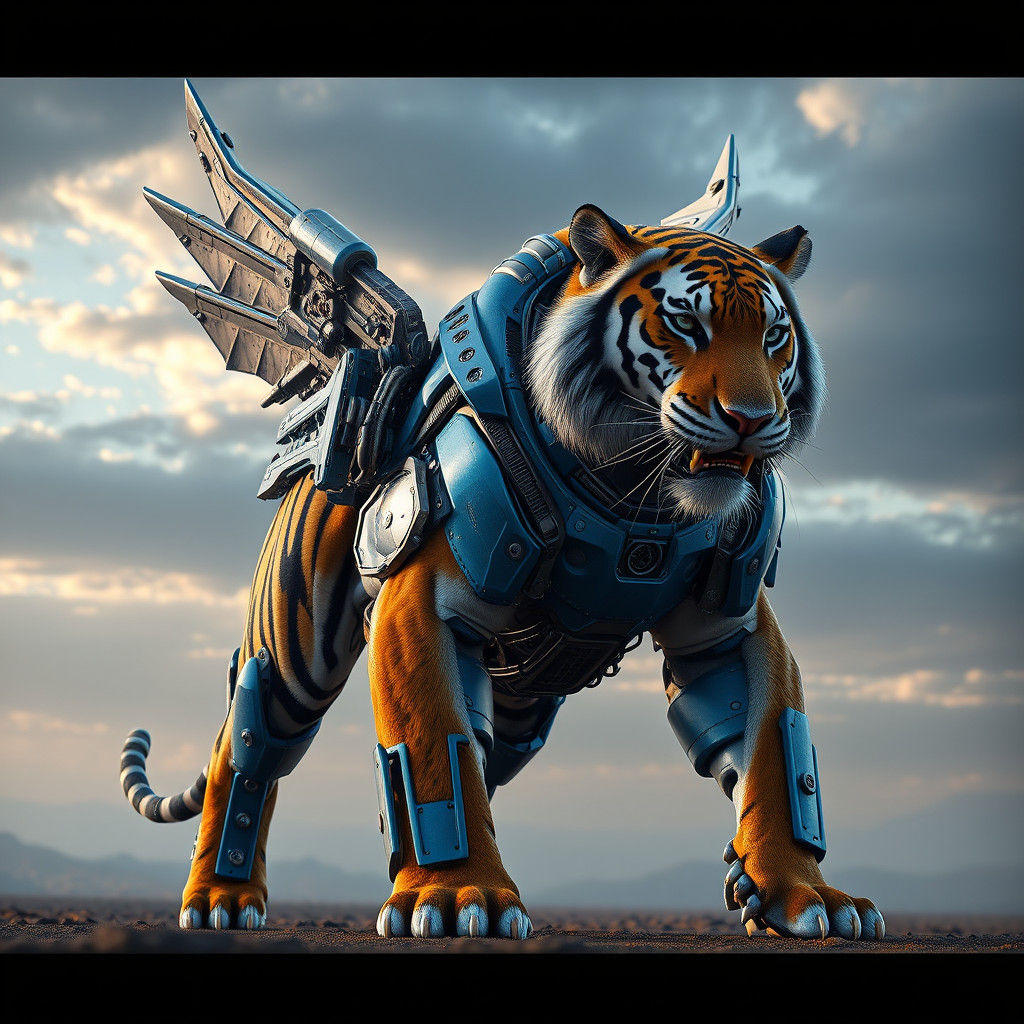 Armored Tiger with Wings in Sci-Fi Landscape