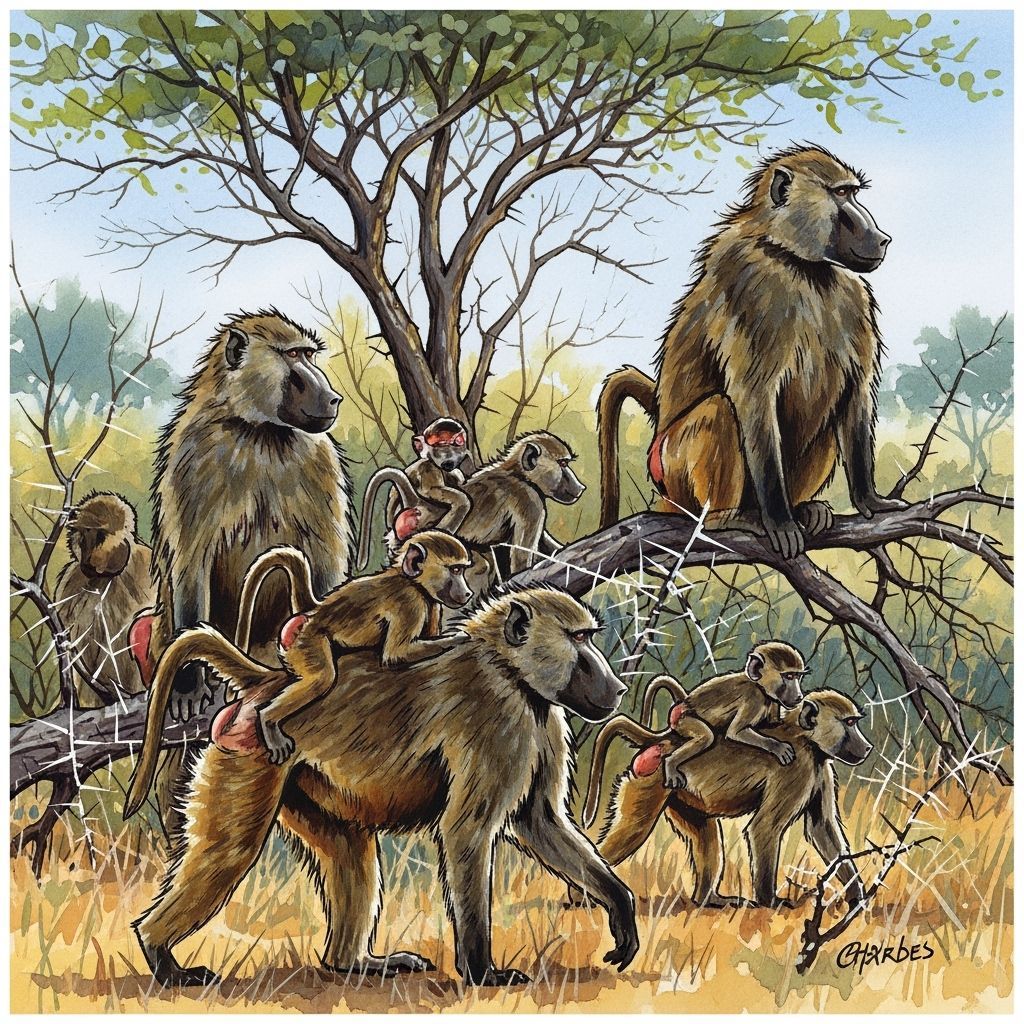 Chacma Baboon Troop in Expressive Bushveld Watercolor