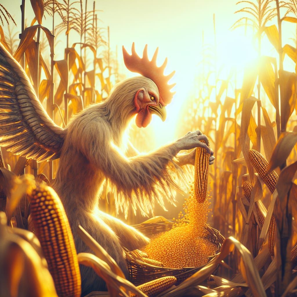 Anthropomorphic Rooster Harvesting Corn: Cinematic Film Stil...