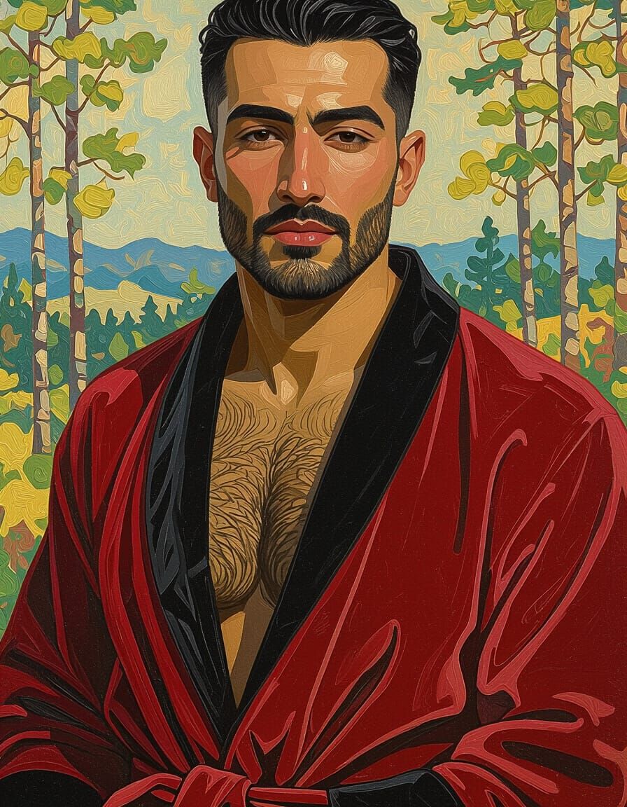 Handsome Man in Red Robe in Forest Landscape