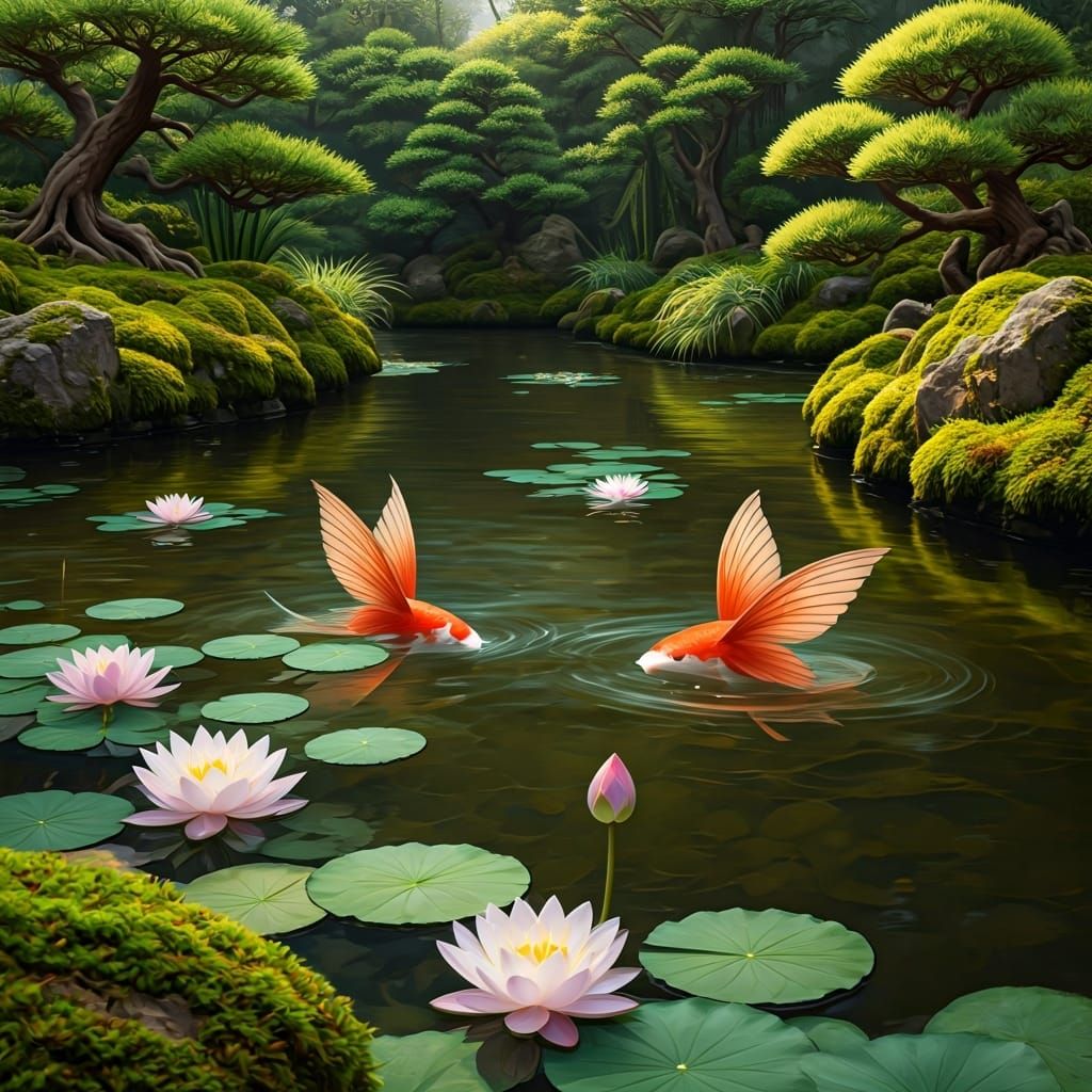Winged Koi in Zen Garden: Japanese Watercolor Style