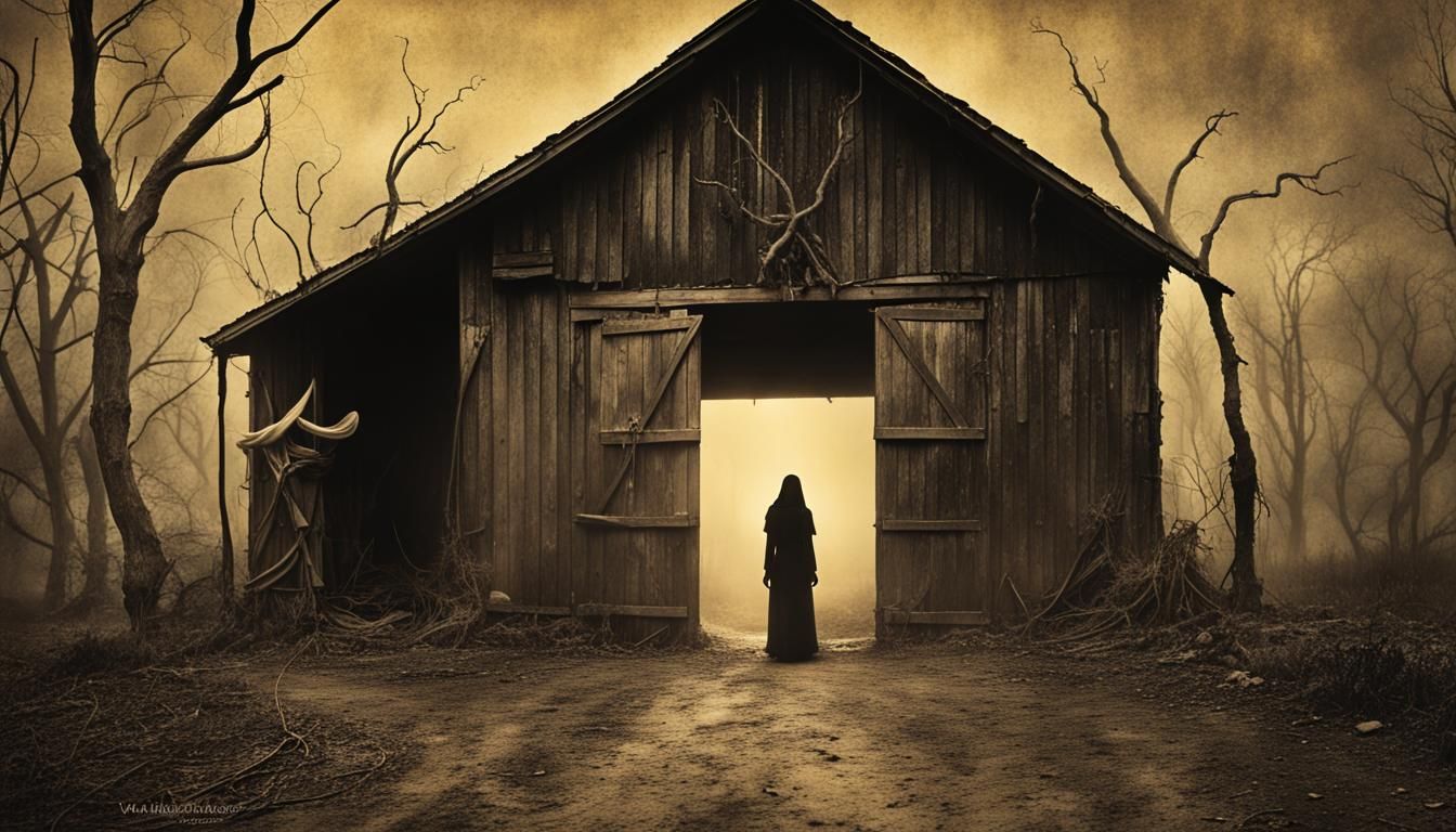 Surreal Exorcism Scene in Barn with Distorted Figures