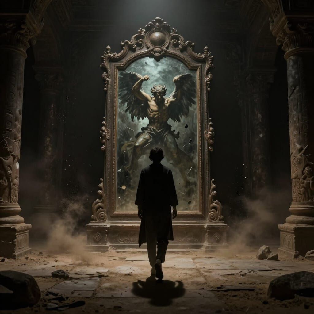 Ancient Tomb Mirror Traps Winged Figure in Dark Fantasy Art