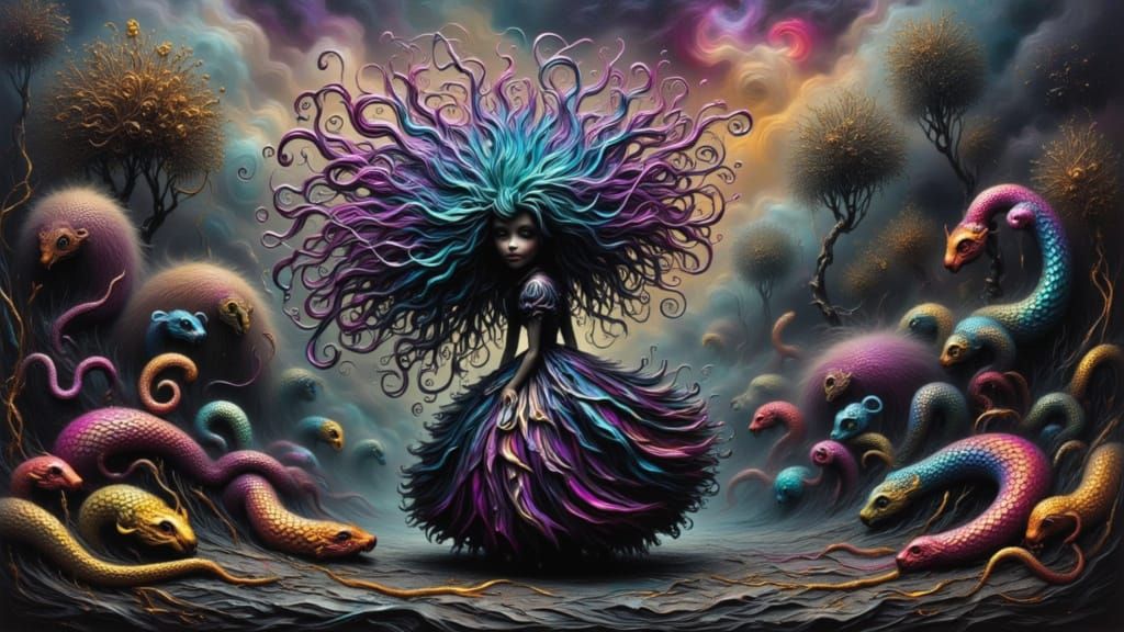 Medusa in a Surreal Pet Store with Snake Hair