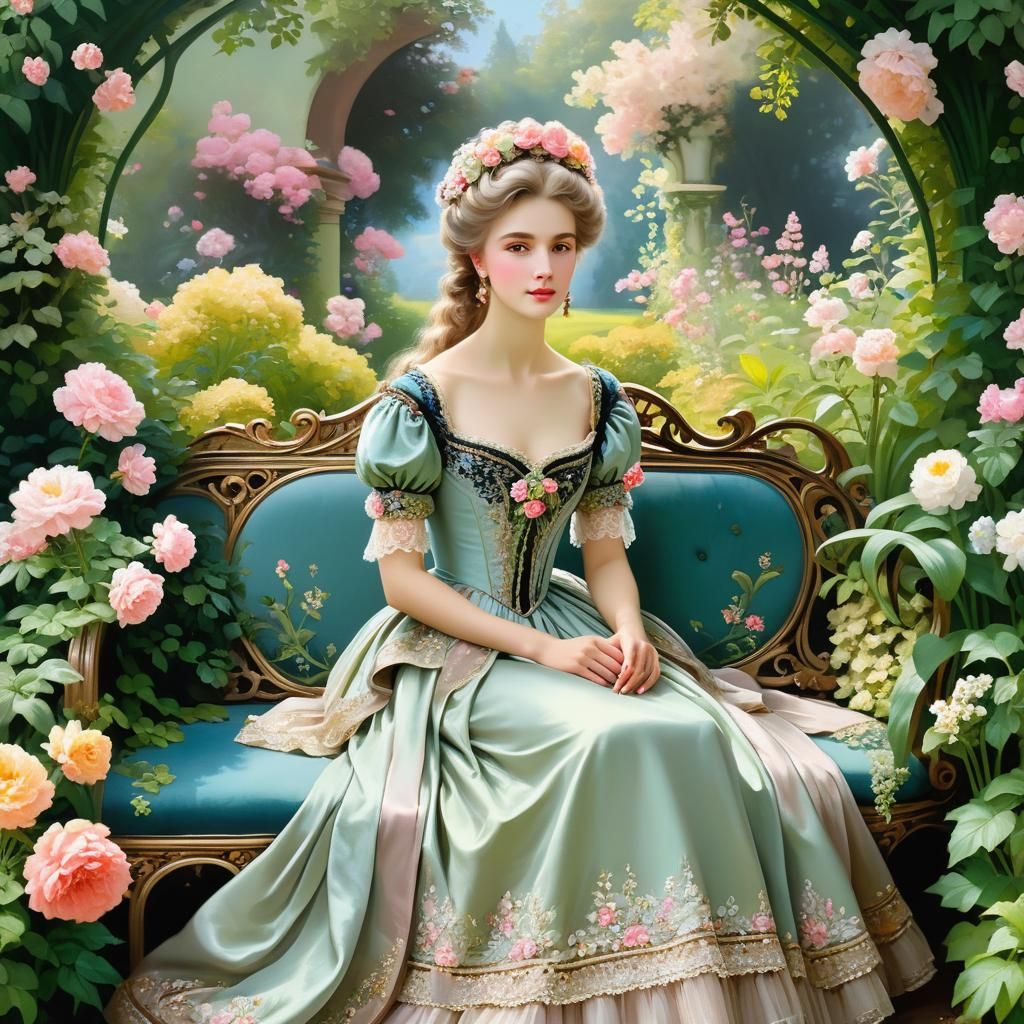 Elegant Woman in Rococo Garden, Art Nouveau Painting