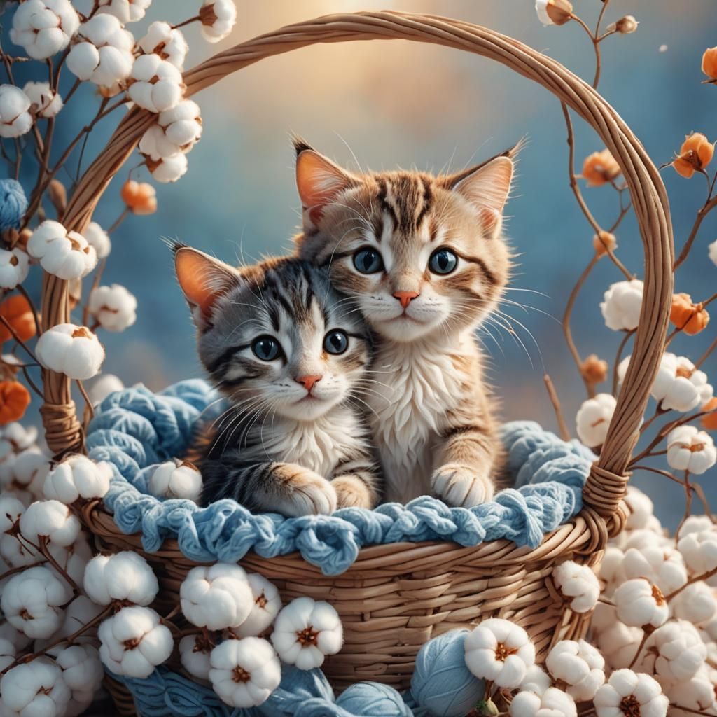 Cute Cat and Funny Mouse Hugging in Cotton