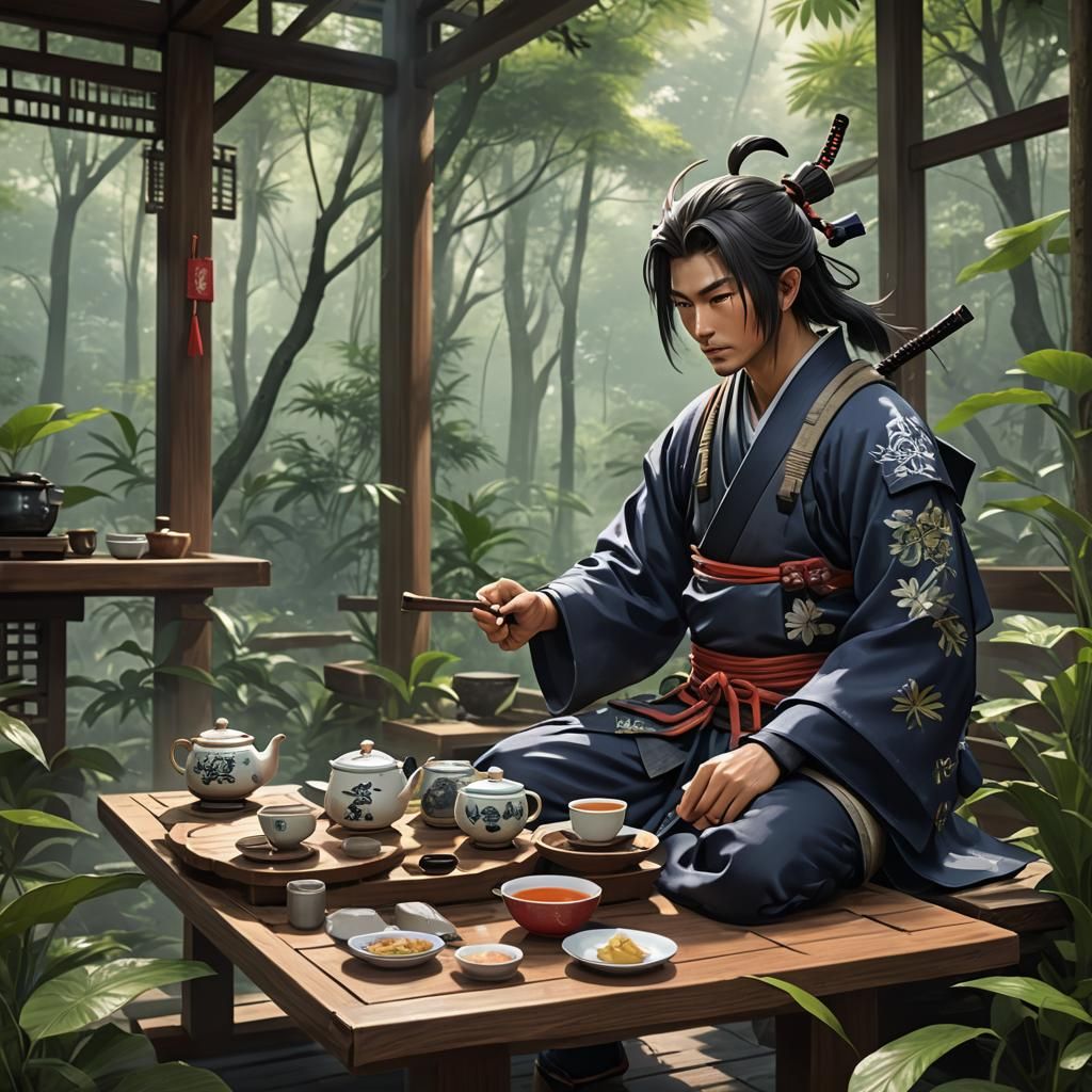 Samurai Tea Ceremony in Rainforest Teahouse: 3D Anime Art