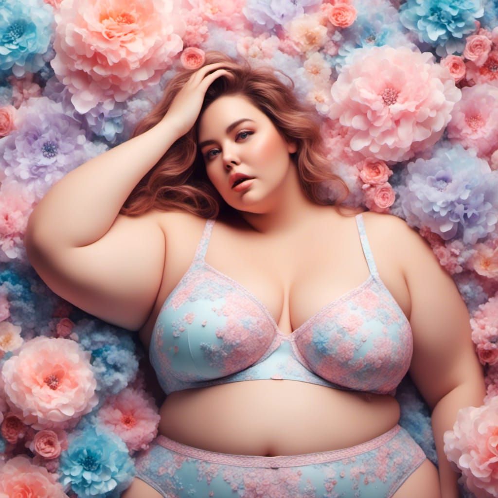 Plus Size Woman in Pastel Lingerie, Hyperrealistic Art