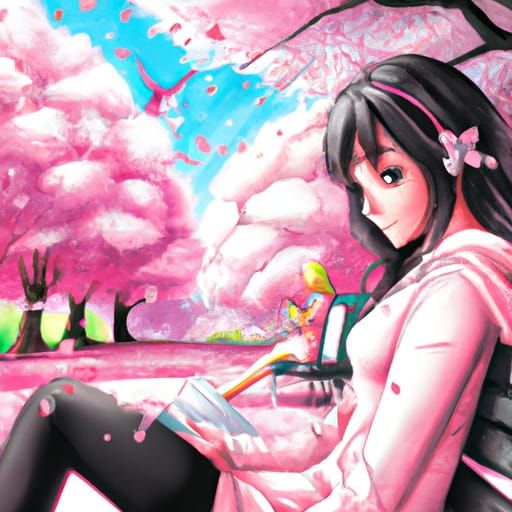Anime Girl in Cherry Blossom Park