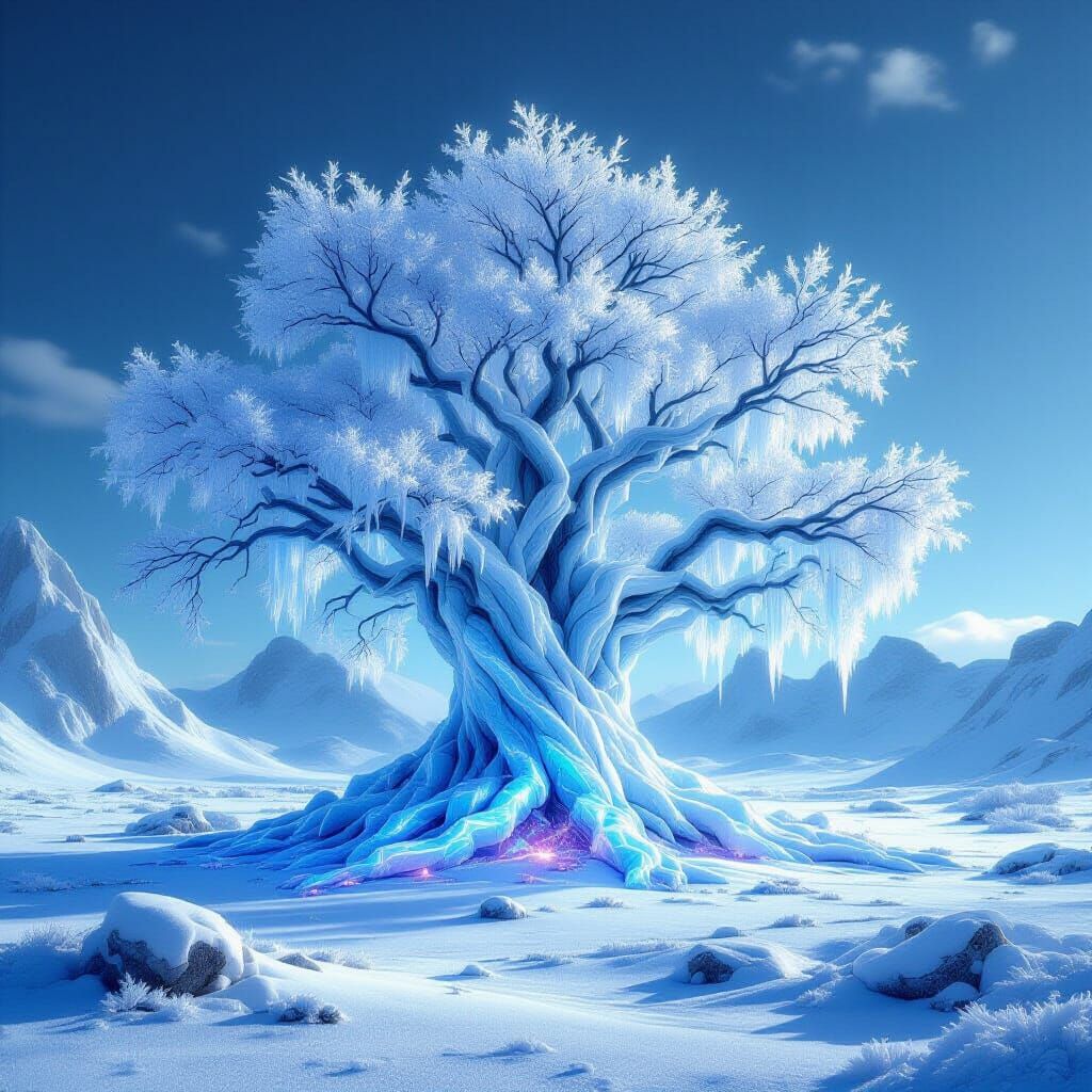 Colossal Ice Tree in Frozen Wasteland with Luminescent Flora