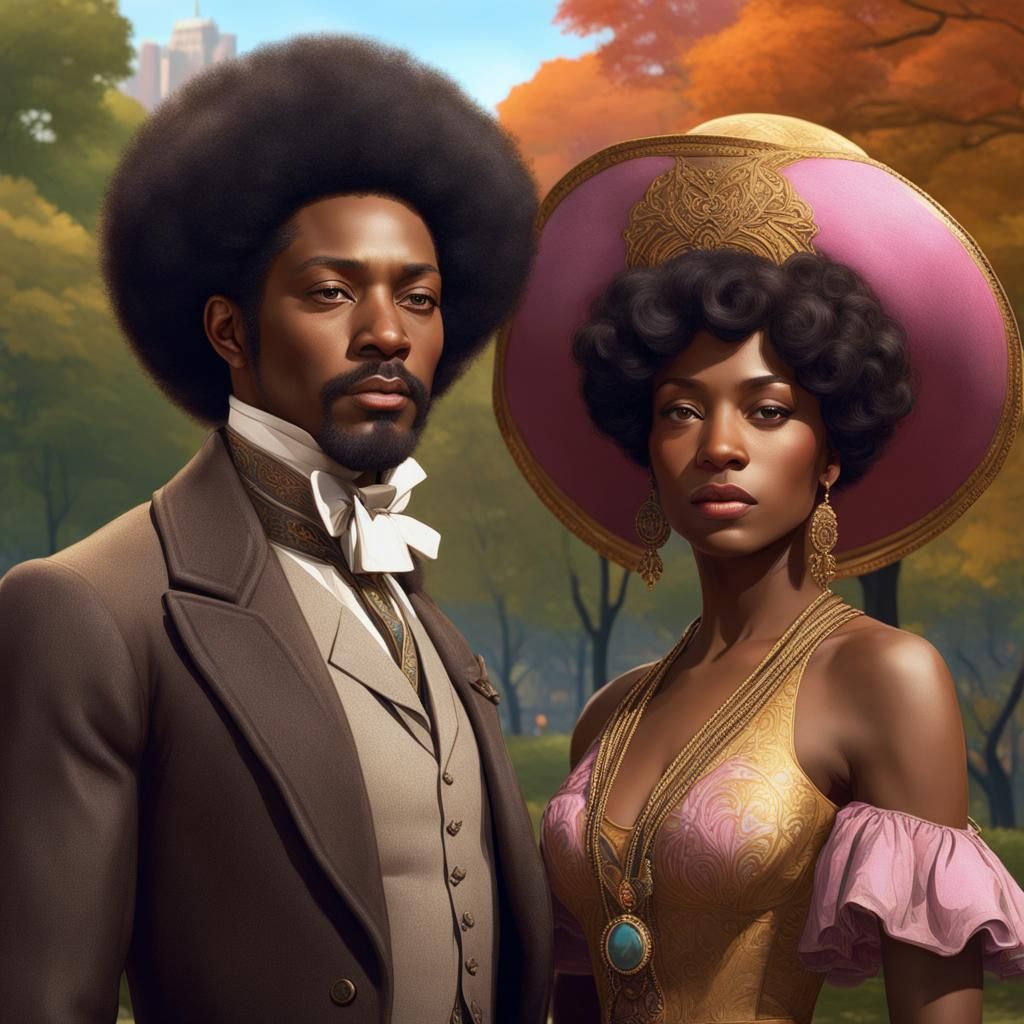 Gilded Age Stroll in Central Park, Art Nouveau Style