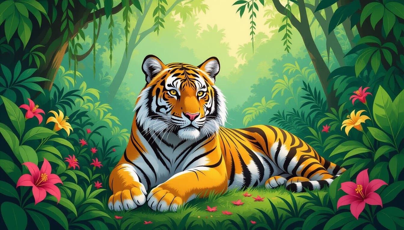 Majestic Tiger in Vibrant Jungle Art