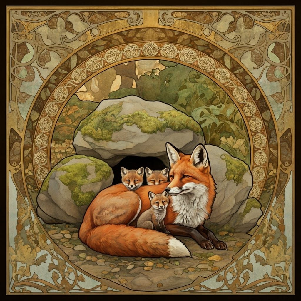Serene Family of Foxes in Art Nouveau Woodland Scene