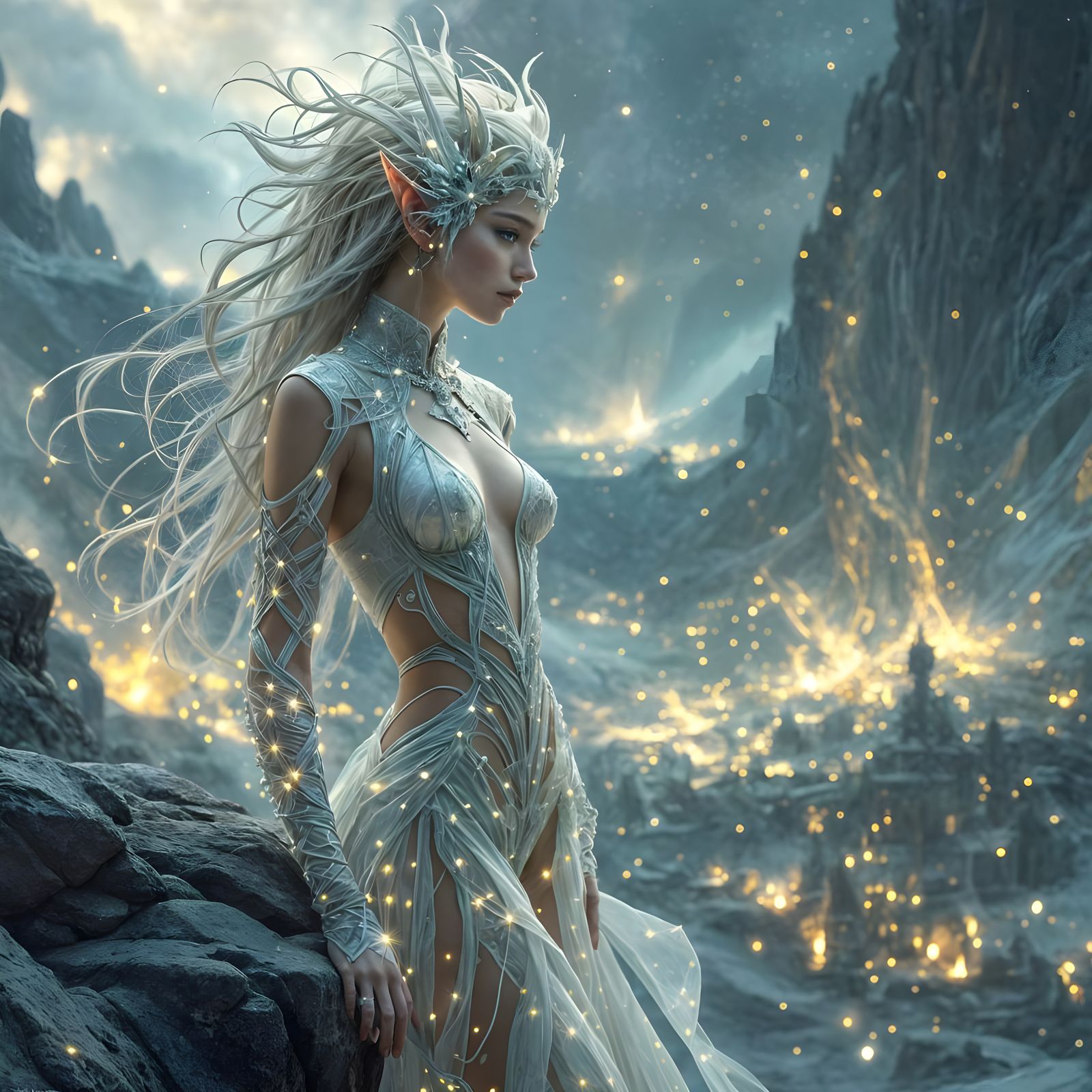 Elegant Elf in Moonlight Armor Overlooking Battlefield