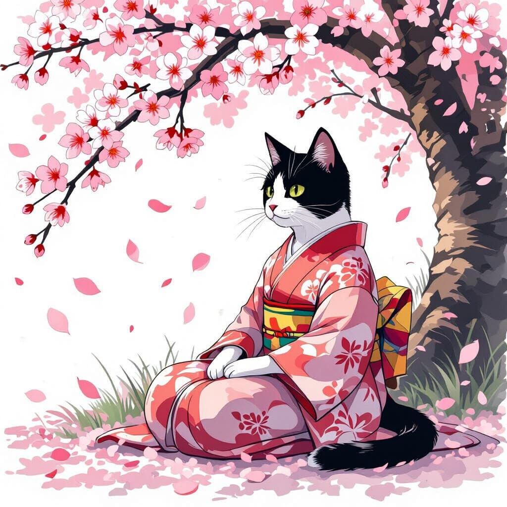 Cat in Kimono Under Cherry Blossoms: Anime Style