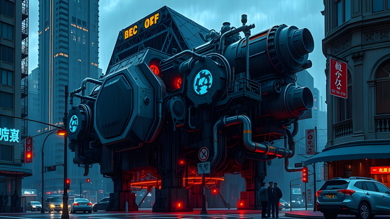 Neon Steampunk Death Machine in Bladerunner City