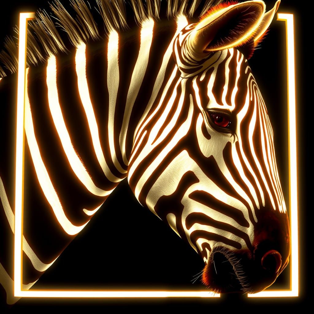 Zebra in Glowing Fluorescent Stripes, Digital Art