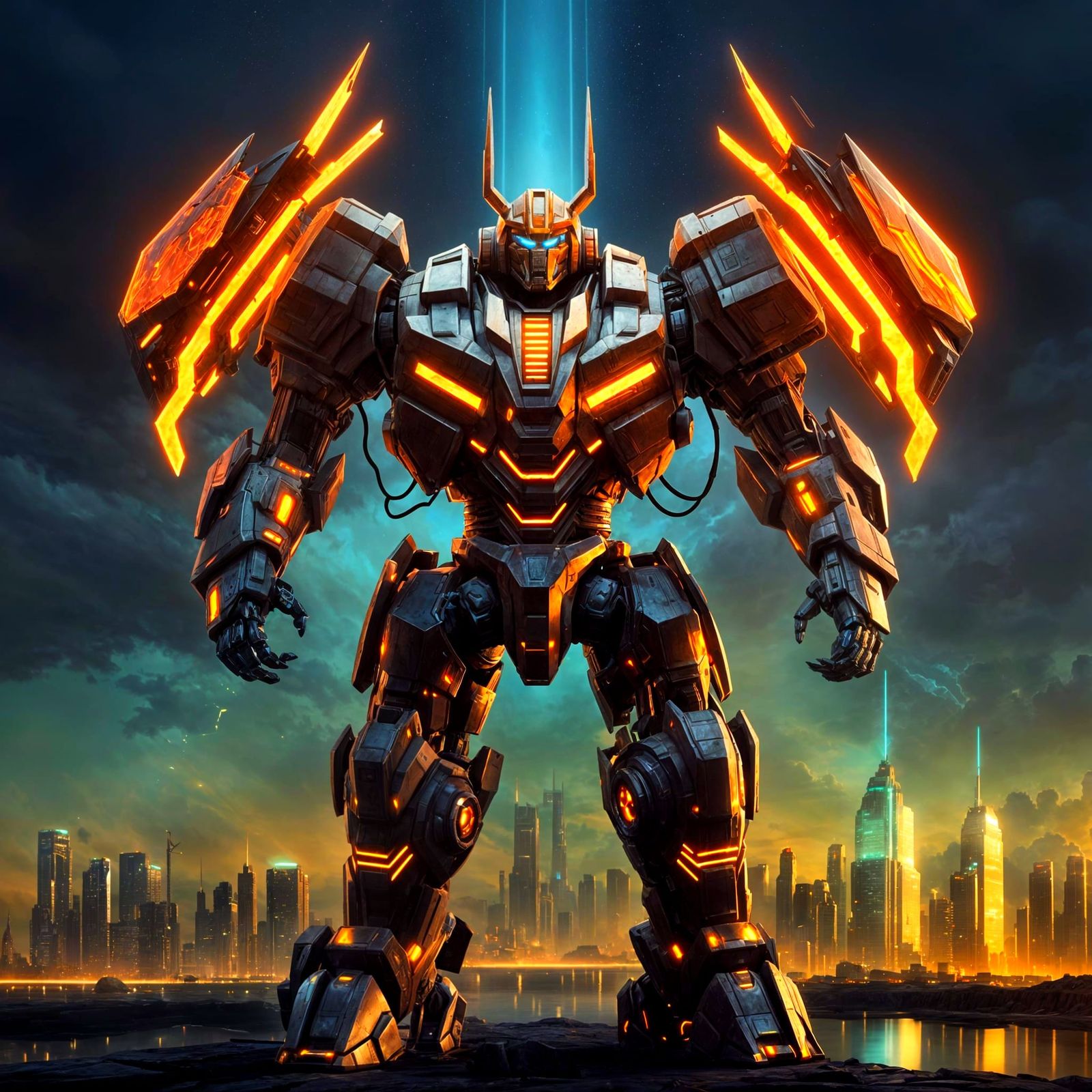 Gigantic Robot Titan Charging Energy Core Over Futuristic Ci...