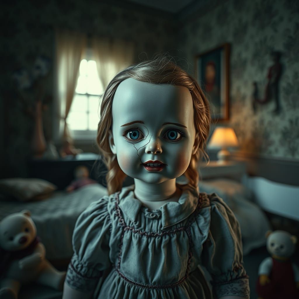 Ethereal Abandoned Nursery Scene with Haunting Doll
