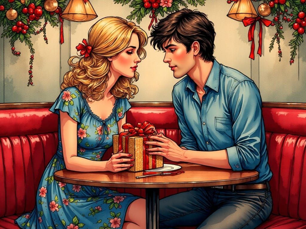 Couple Exchanging Gifts in Cozy 1988 Diner Booth