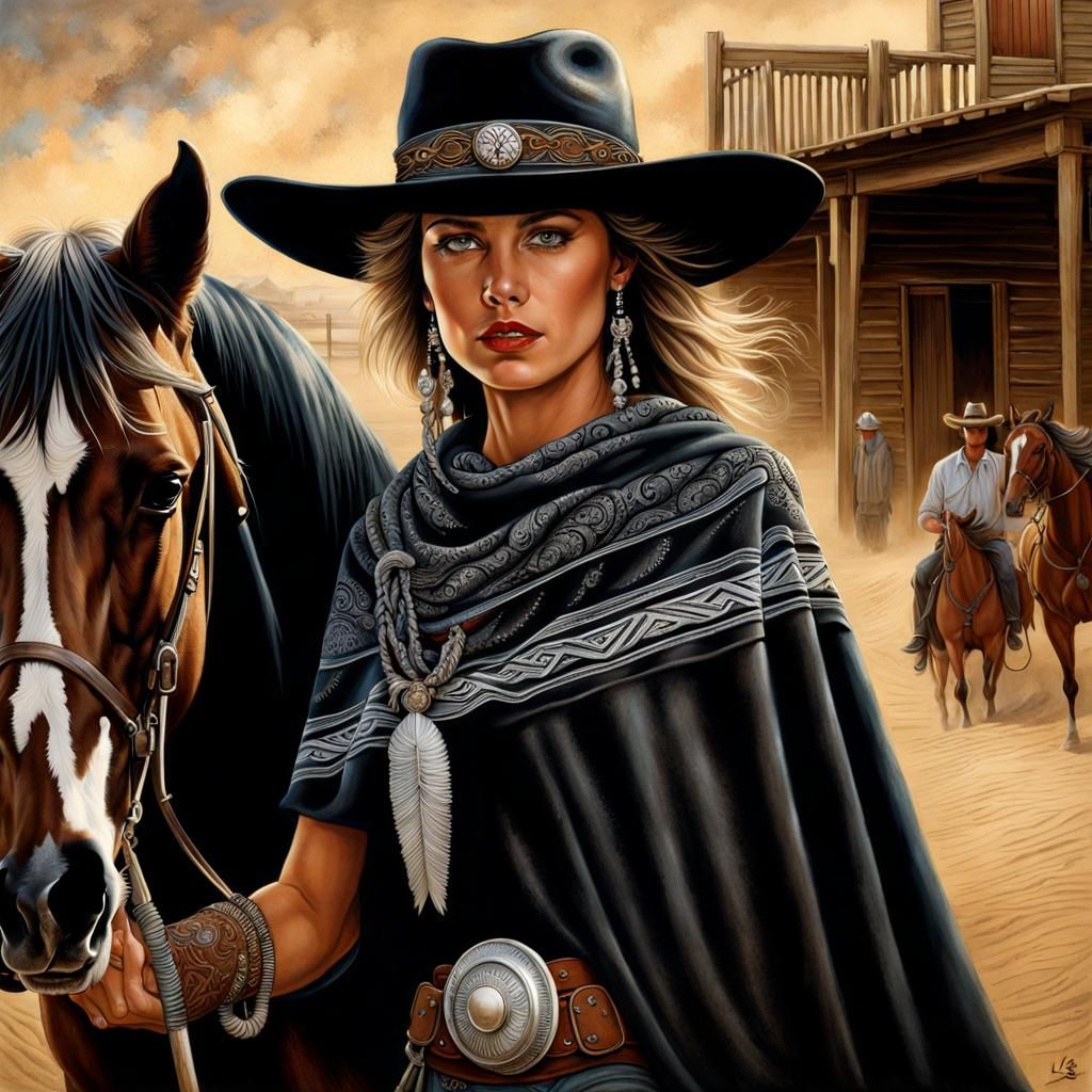 Mysterious Cowgirl in Western Town with Colt