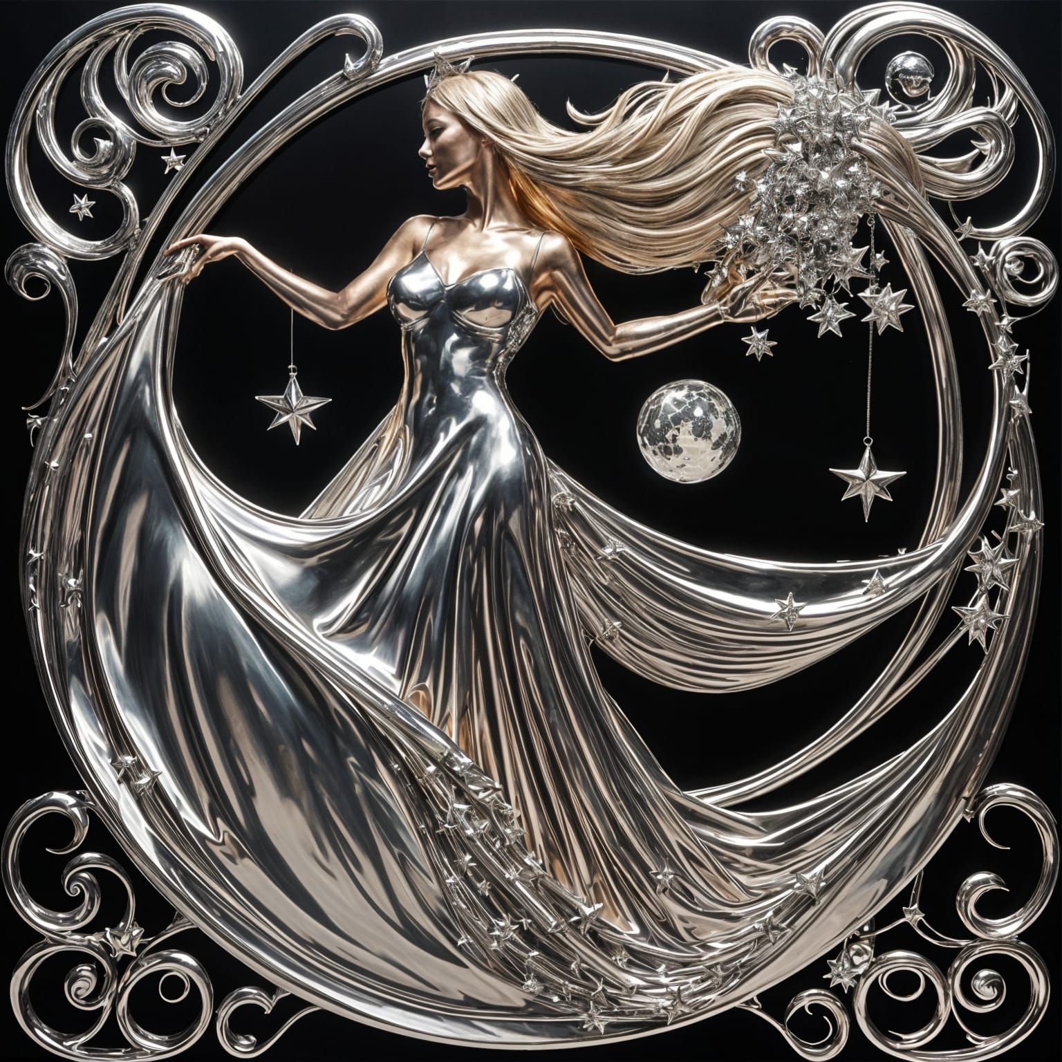 Ethereal Chrome Goddess Dancing Under Metallic Skies