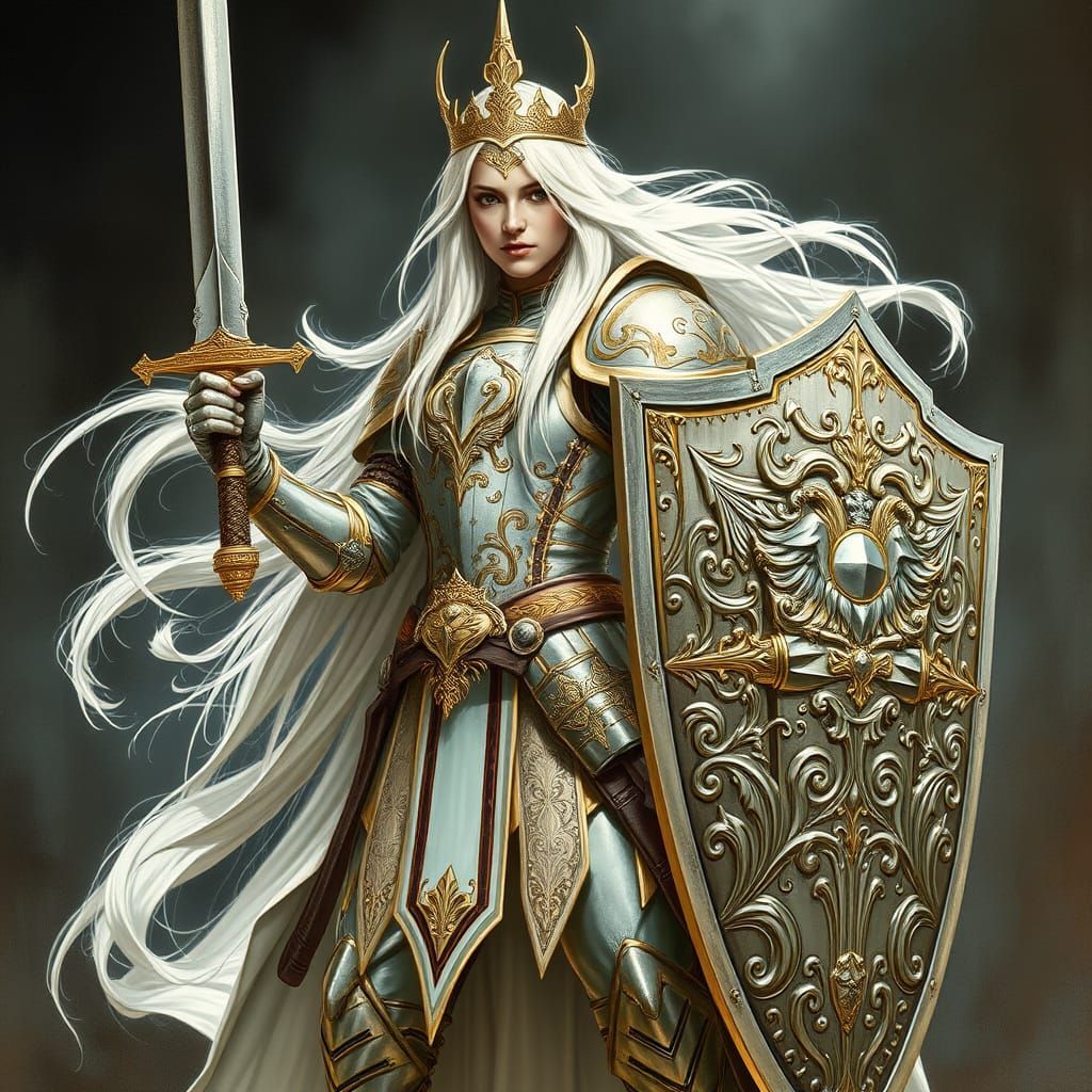 Regal Female Paladin in White and Gold Plate Armor