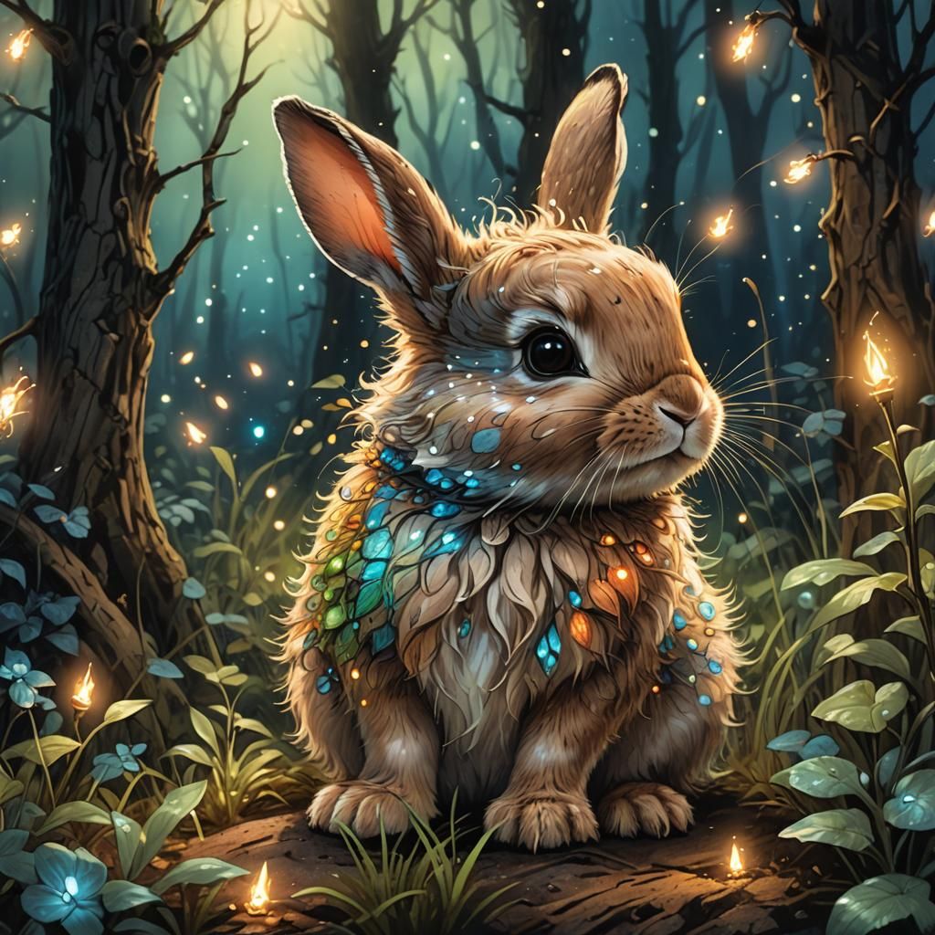 Fluffy Bunny in Enchanted Forest Illustration