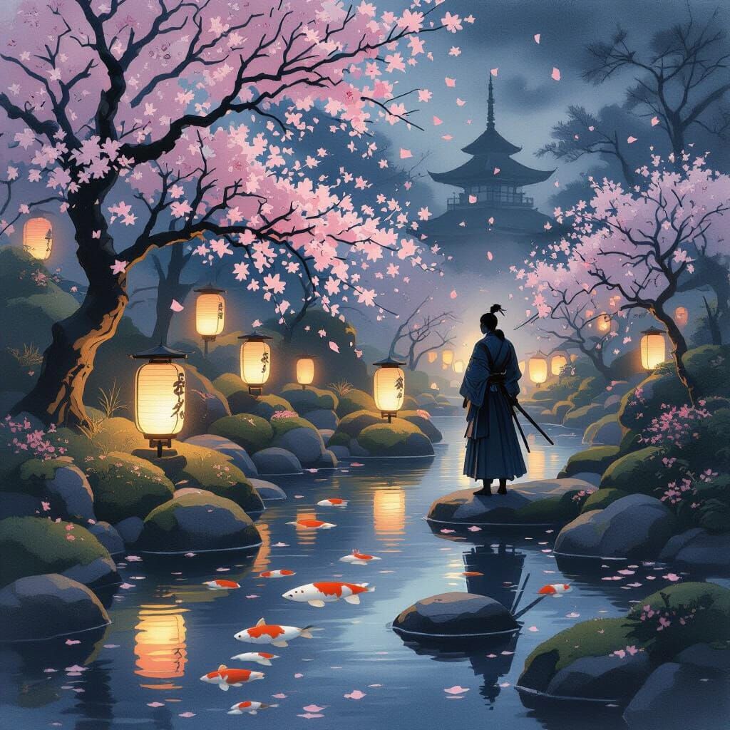 Samurai Contemplates Serene Japanese Garden at Dusk