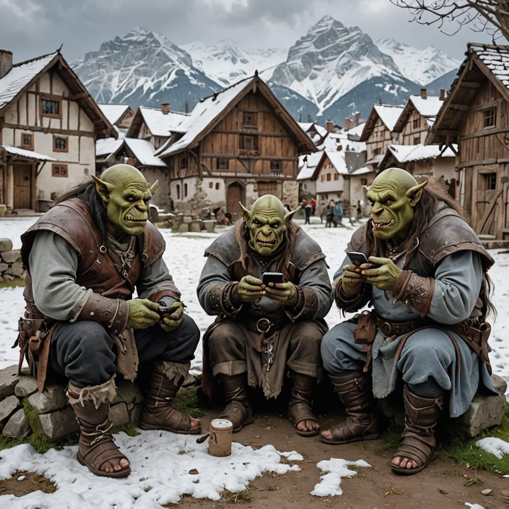 Orcs Playing with Phones in Medieval Village