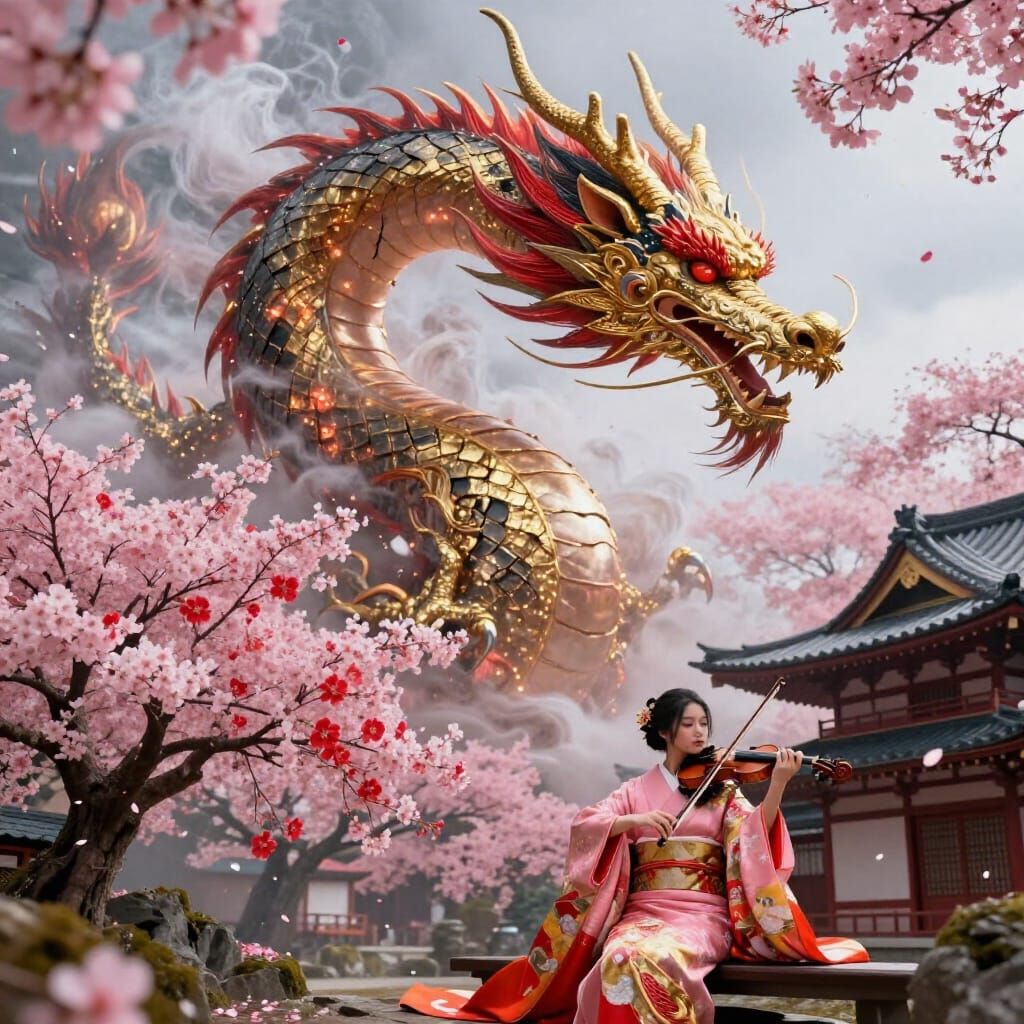 Majestic Smoke Dragon Over Japanese Sakura Scene