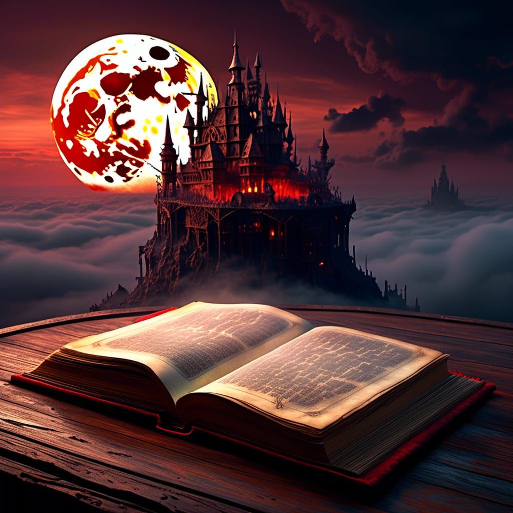 Eerie Open Book in Dracula's Castle, Fantasy Art