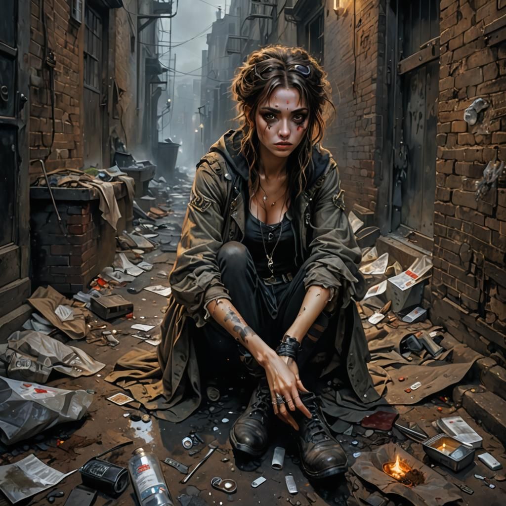 Sordid Alley Beggar in Post-Apocalyptic Acrylic Painting