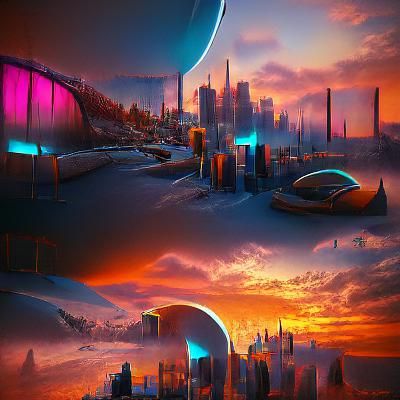 Futuristic Urban Sunset: Detailed Matte Painting