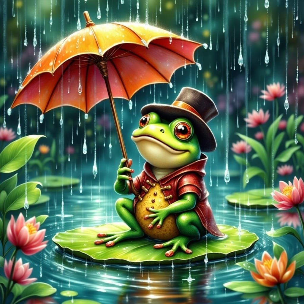 Cute Frog with Umbrella in Fairy Tale Style