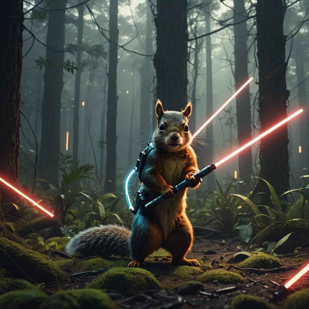 Squirrel with Lightsaber in Sci-Fi Forest