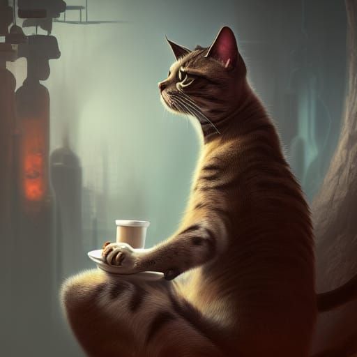 Man Petting Cat While Drinking Coffee