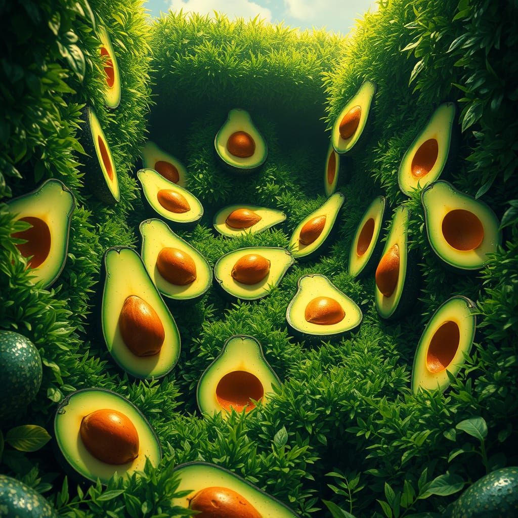 Hyperrealistic Avocado Hedge Maze Concept Art