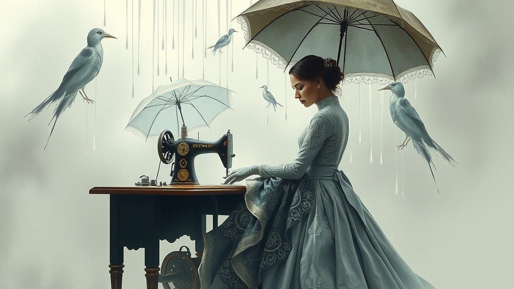 Ethereal Seamstress Weaves Rainy Fabric in Atmospheric, Cine...