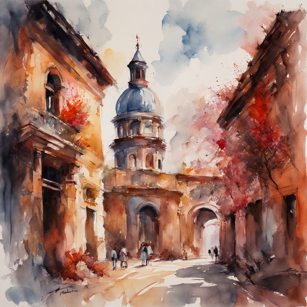 Ethereal Ancient Cityscape at Dawn in Gouache Style