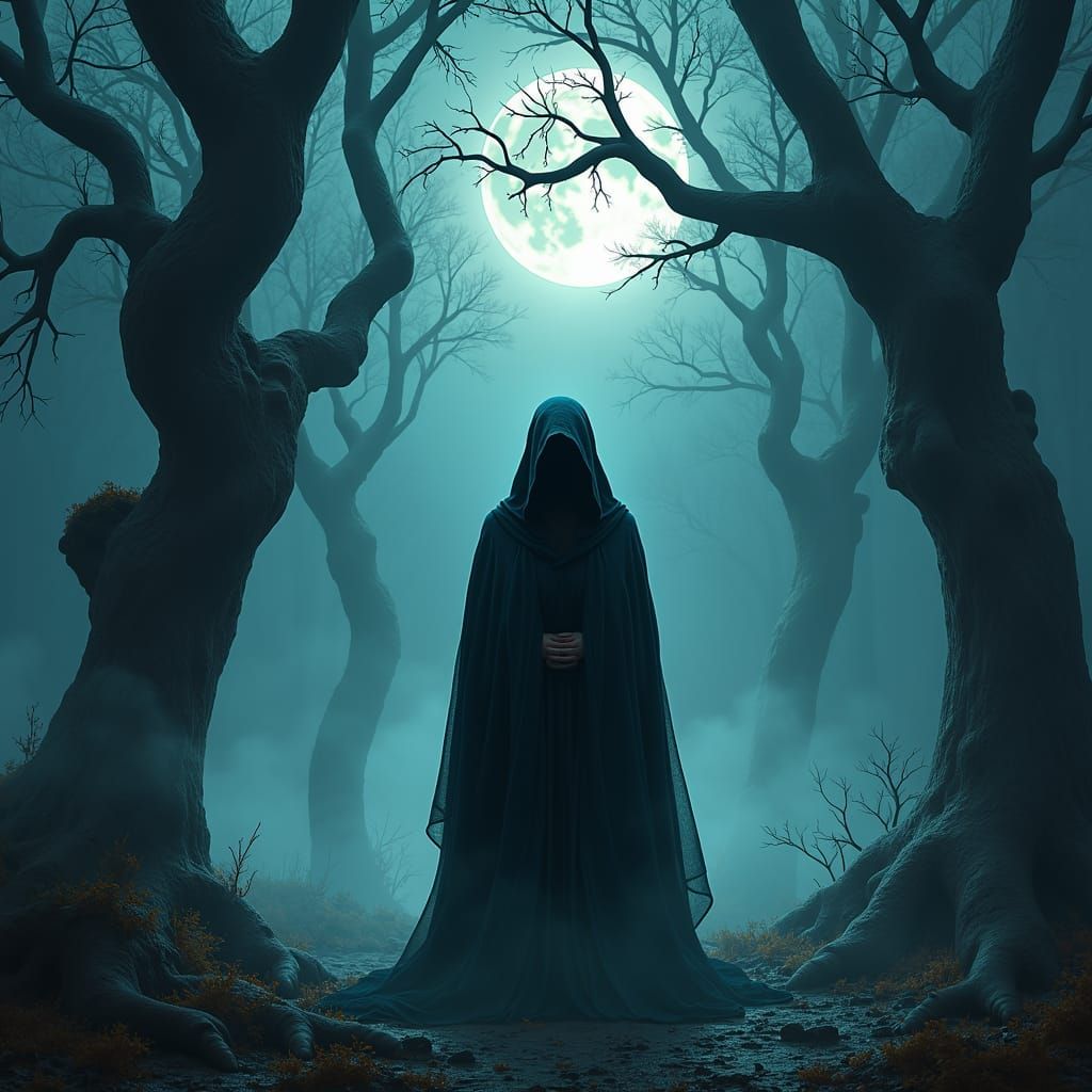 Mystical Sorceress in Eerie Forest: Matte Painting